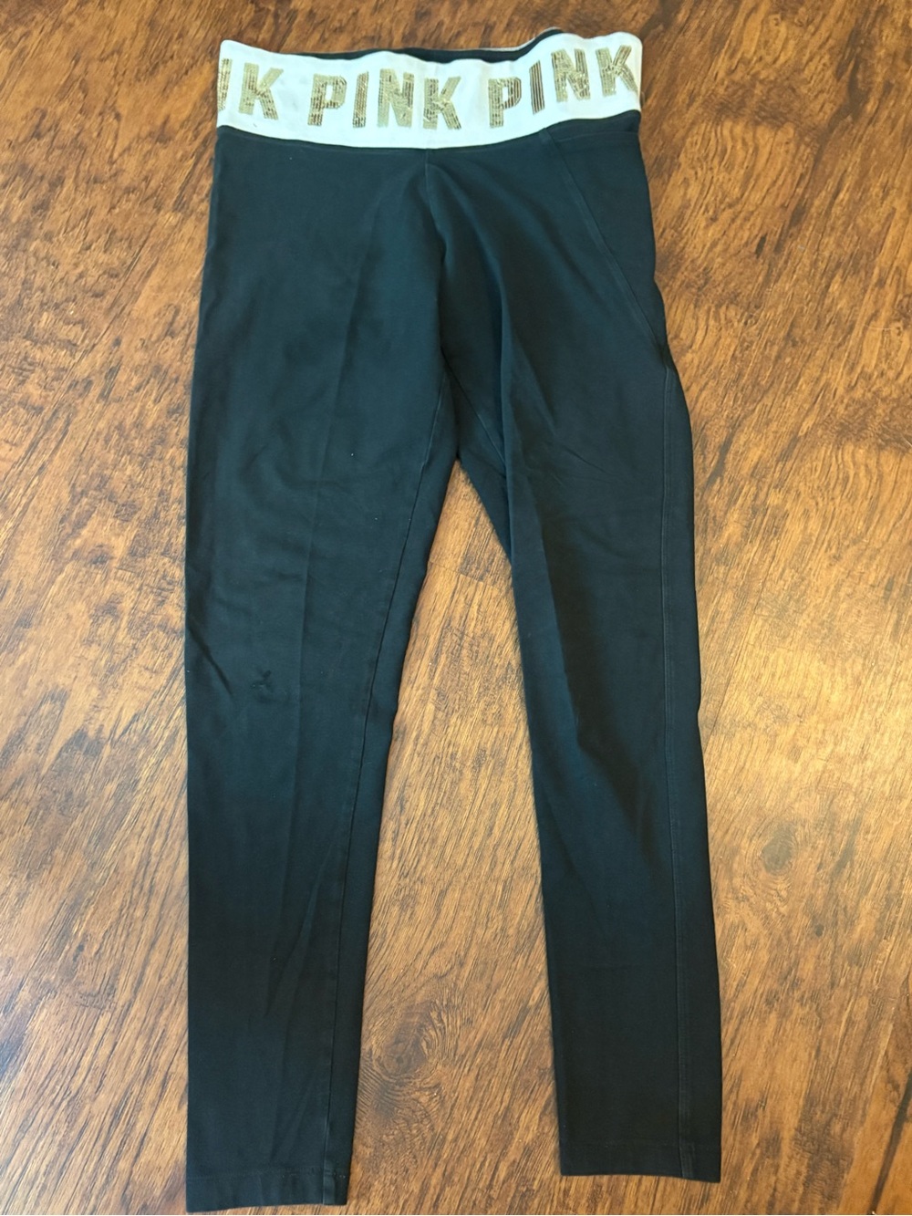 PINK Victoria's Secret Black Leggings with White Waistband and Gold Logo